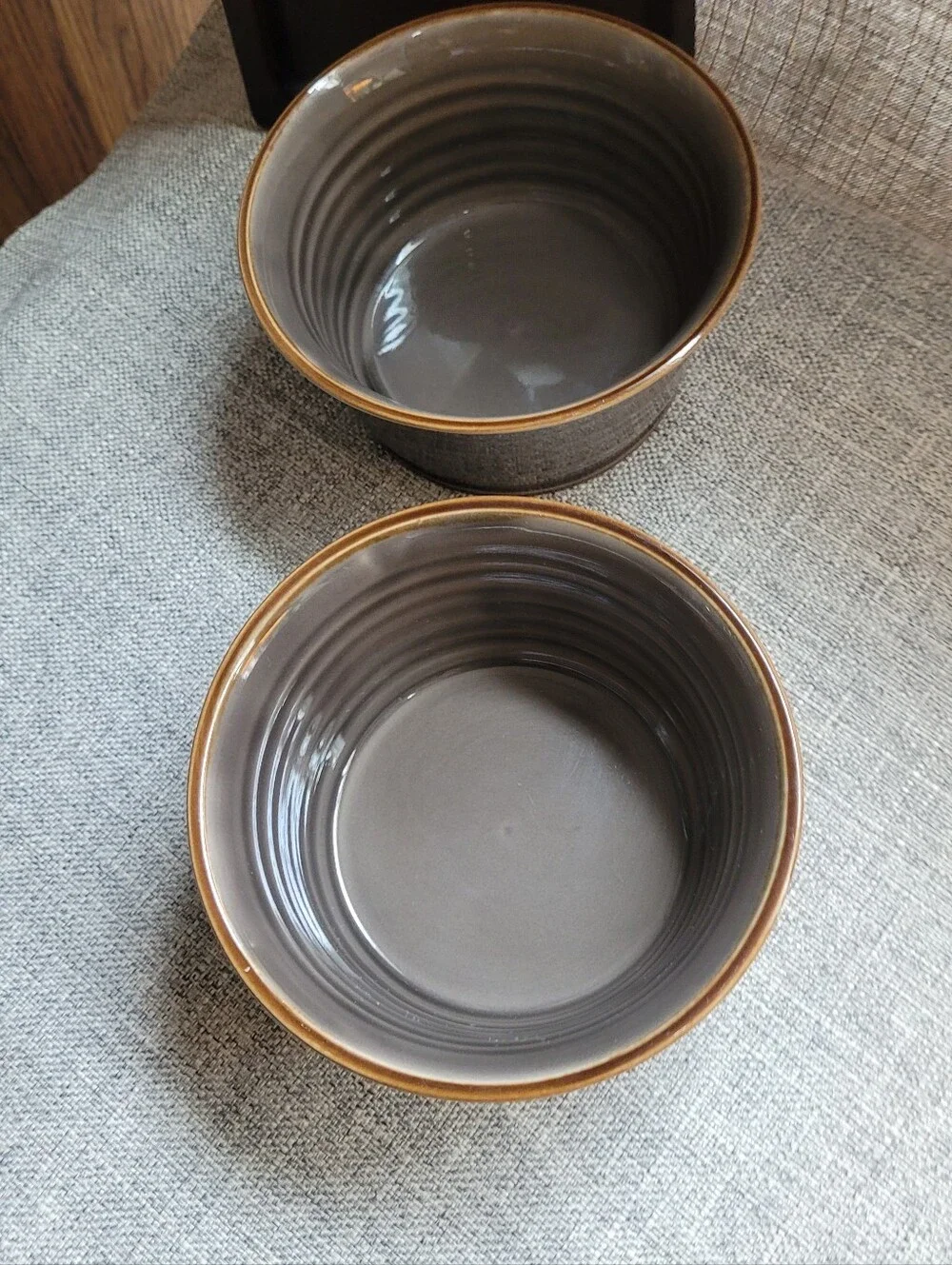 Set of Two Baum Brothers TUSCANY Stoneware Bowls in Warm Gray with Brown Rim.